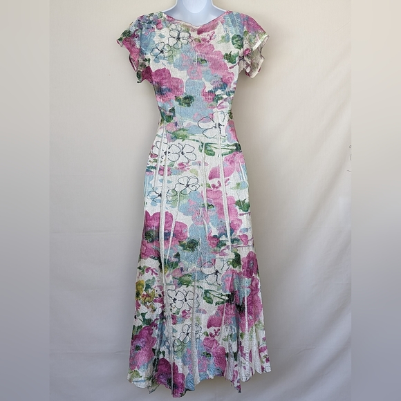 KOMAROV | White & Floral Long Crinkle Dress with Cap Flutter Sleeves, Size S - Picture 6 of 16